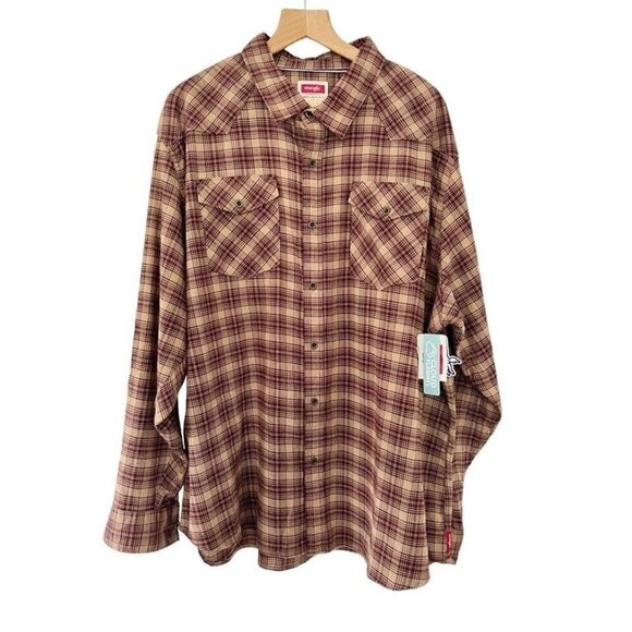 Wrangler Men's Sz 3XL Burgundy Brown Plaid Flannel Button Down Shirt NWT - Picture 1 of 11